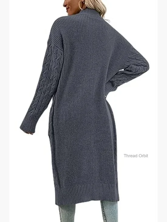 Long Cable Knit Cardigan Sweater with Pockets Open Front Loose Fit - Picture 2 of 7